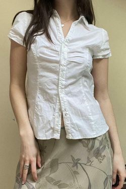 Y2K Aesthetic V-Neck Ruched Shirt - Coquette Style Grunge Fashion - Cute Tops & Cargo Skirt