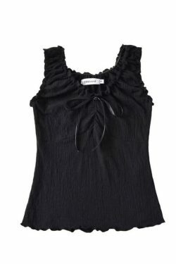 Y2K Aesthetic V-Neck Ruffled Tank Top with Bow Accent - Coquette & Grunge Style
