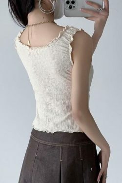 Y2K Aesthetic V-Neck Ruffled Tank Top with Bow Accent - Coquette & Grunge Style