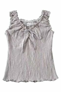 Y2K Aesthetic V-Neck Ruffled Tank Top with Bow Accent - Coquette & Grunge Style