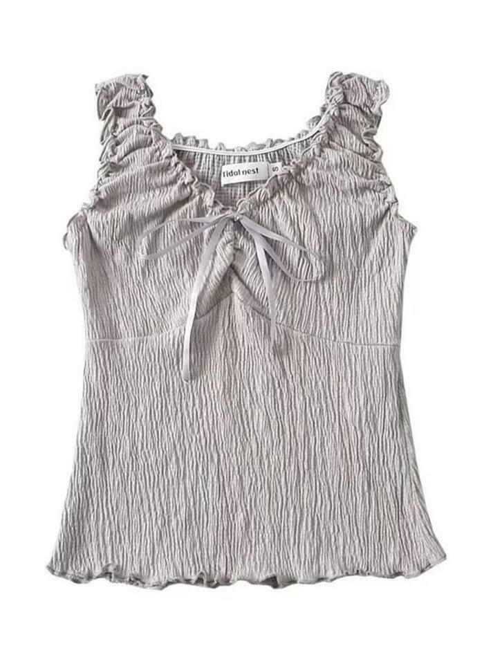 Y2K Aesthetic V-Neck Ruffled Tank Top with Bow Accent - Coquette & Grunge Style Y2K Aesthetic V-Neck Ruffled Tank Top with Bow Accent - Coquette & Grunge Style