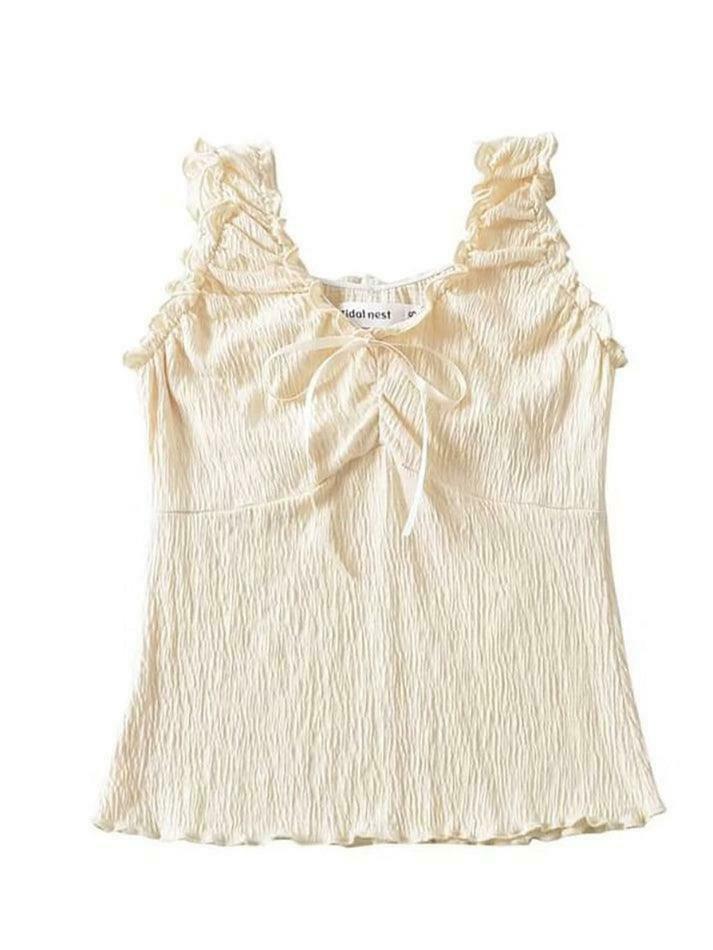 Y2K Aesthetic V-Neck Ruffled Tank Top with Bow Accent - Coquette & Grunge Style Y2K Aesthetic V-Neck Ruffled Tank Top with Bow Accent - Coquette & Grunge Style