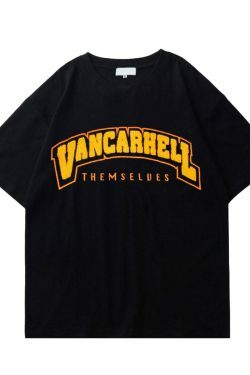 Y2K Aesthetic VANCARHELL Varsity T-Shirt - Coquette & Grunge Style Cute Tops & Cargo Skirt