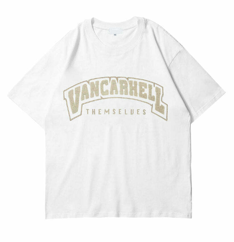 Y2K Aesthetic VANCARHELL Varsity T-Shirt - Coquette & Grunge Style Cute Tops & Cargo Skirt