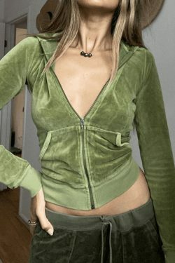 Y2K Aesthetic Velvet Zip Up Hoodie for Women - Coquette Style Grunge Fashion with Pastel Goth Vibes