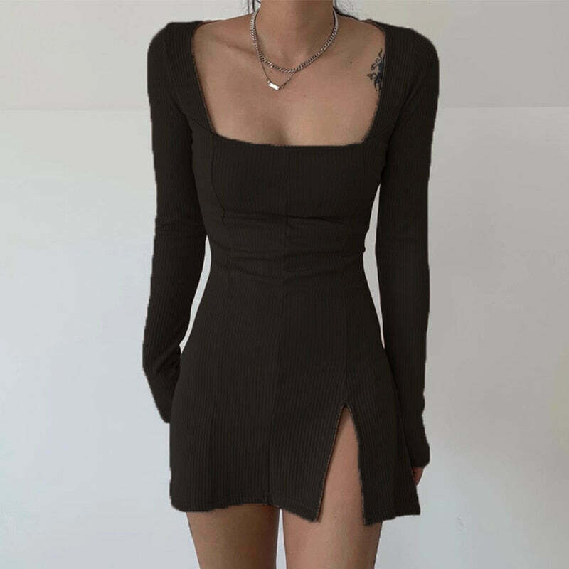 Y2K Aesthetic Vintage Square Collar Knitted Sweater Dress - Coquette Grunge Style Women's Fashion