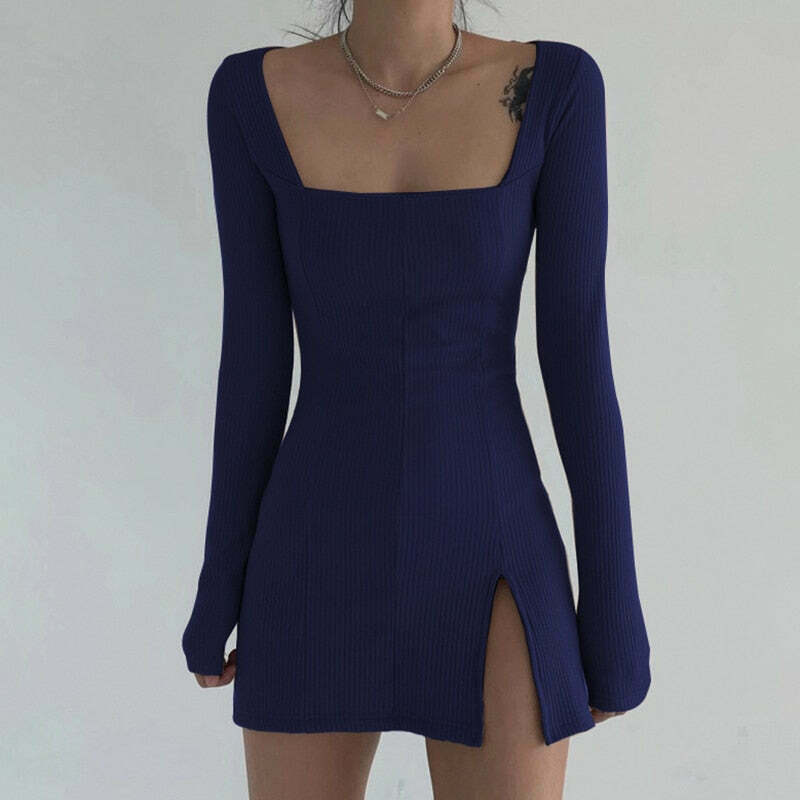Y2K Aesthetic Vintage Square Collar Knitted Sweater Dress - Coquette Grunge Style Women's Fashion