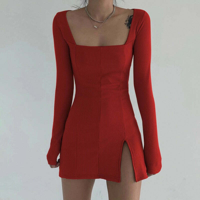 Y2K Aesthetic Vintage Square Collar Knitted Sweater Dress - Coquette Grunge Style Women's Fashion