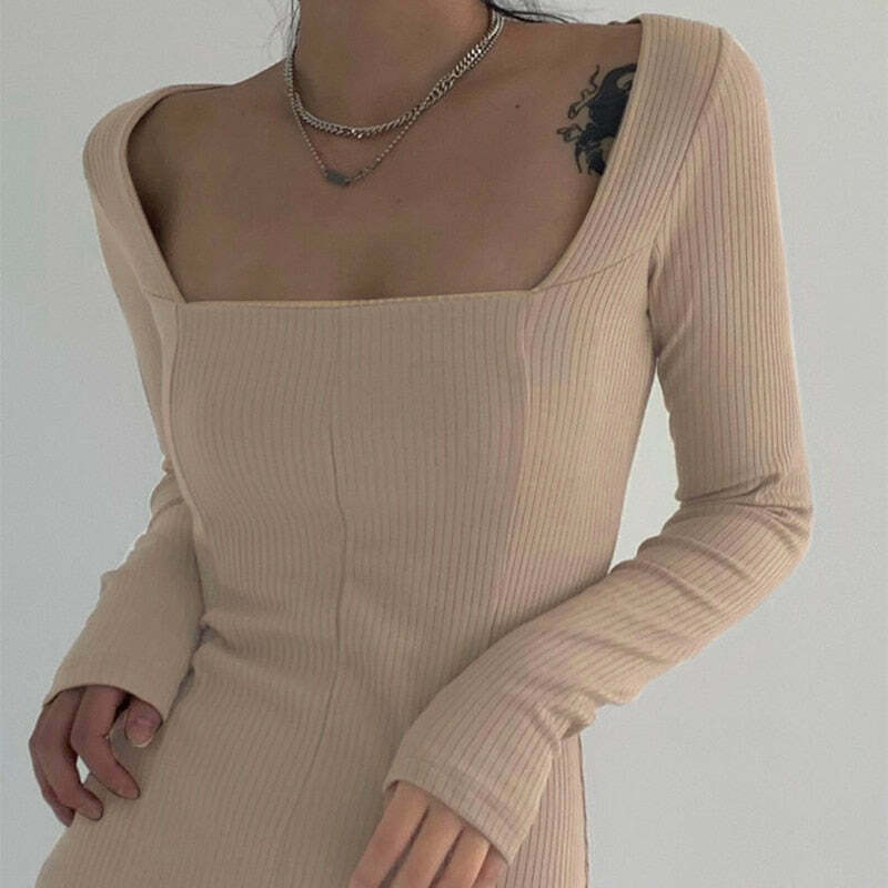 Y2K Aesthetic Vintage Square Collar Knitted Sweater Dress - Coquette Grunge Style Women's Fashion