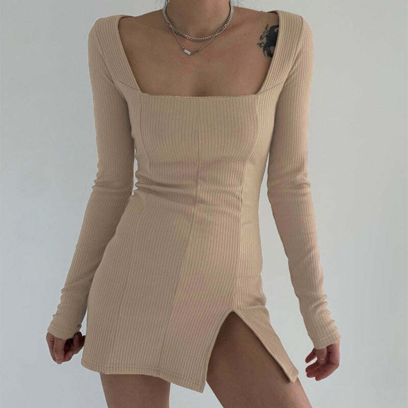 Y2K Aesthetic Vintage Square Collar Knitted Sweater Dress - Coquette Grunge Style Women's Fashion