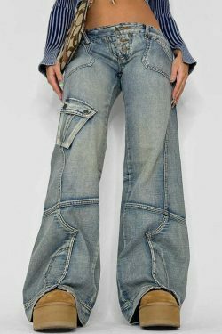 Y2K Aesthetic Washed Gradient Pocket Splicing Straight Jeans for Women