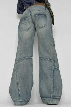 Y2K Aesthetic Washed Gradient Pocket Splicing Straight Jeans for Women