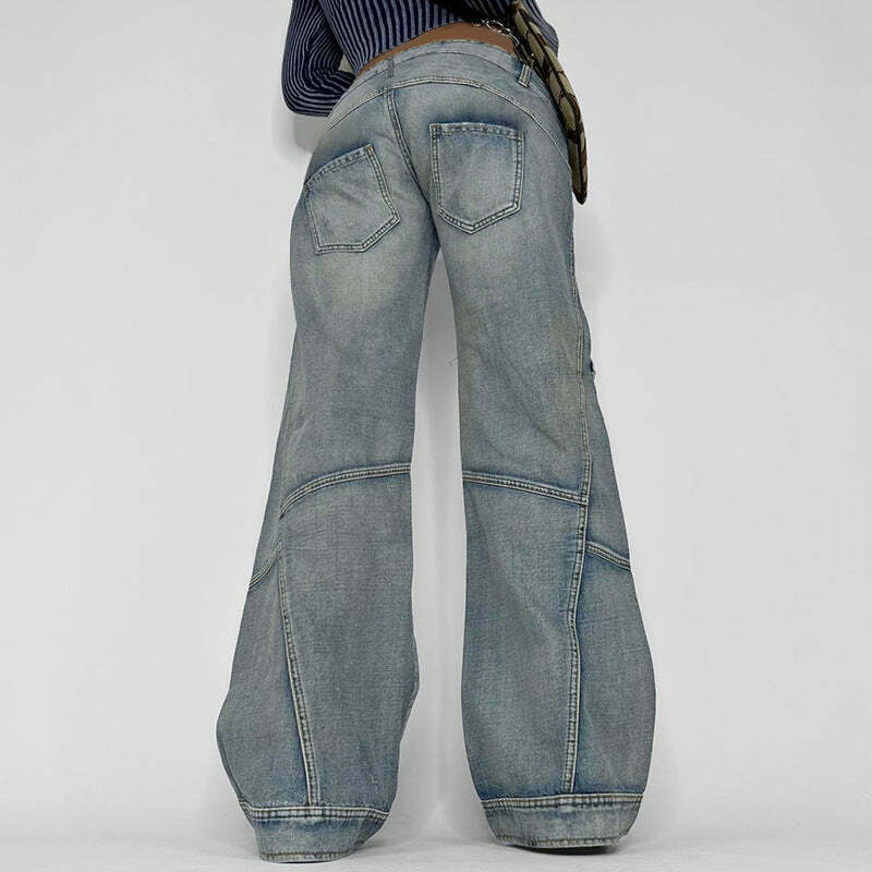 Y2K Aesthetic Washed Gradient Pocket Splicing Straight Jeans for Women Y2K Aesthetic Washed Gradient Pocket Splicing Straight Jeans for Women