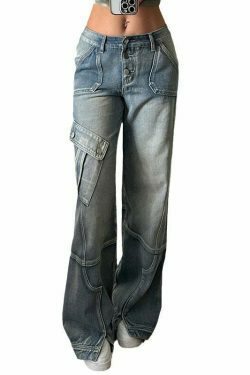 Y2K Aesthetic Washed Gradient Pocket Splicing Straight Jeans for Women