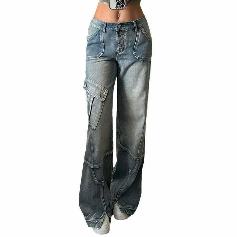 Y2K Aesthetic Washed Gradient Pocket Splicing Straight Jeans for Women Y2K Aesthetic Washed Gradient Pocket Splicing Straight Jeans for Women