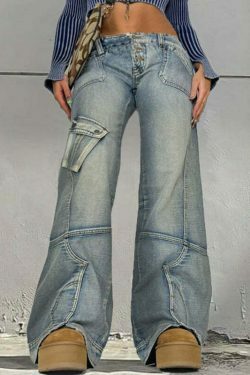 Y2K Aesthetic Washed Gradient Pocket Splicing Straight Jeans for Women