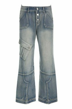 Y2K Aesthetic Washed Gradient Pocket Splicing Straight Jeans for Women