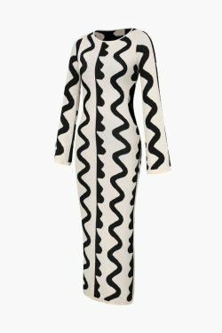 Y2K Aesthetic Wavy Pattern Knit Dress with Side Cut Out - Coquette Fashion for Women