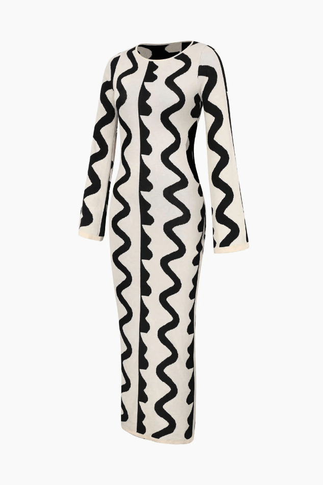 Y2K Aesthetic Wavy Pattern Knit Dress with Side Cut Out - Coquette Fashion for Women