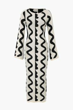 Y2K Aesthetic Wavy Pattern Knit Dress with Side Cut Out - Coquette Fashion for Women