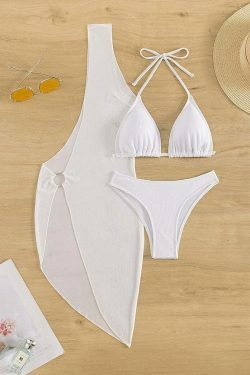 Y2K Aesthetic White Beach Bikini Set - Sexy Three-Piece Swimwear