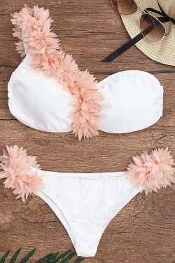 Y2K Aesthetic White Flower Tankini with Single Shoulder and Backless Design