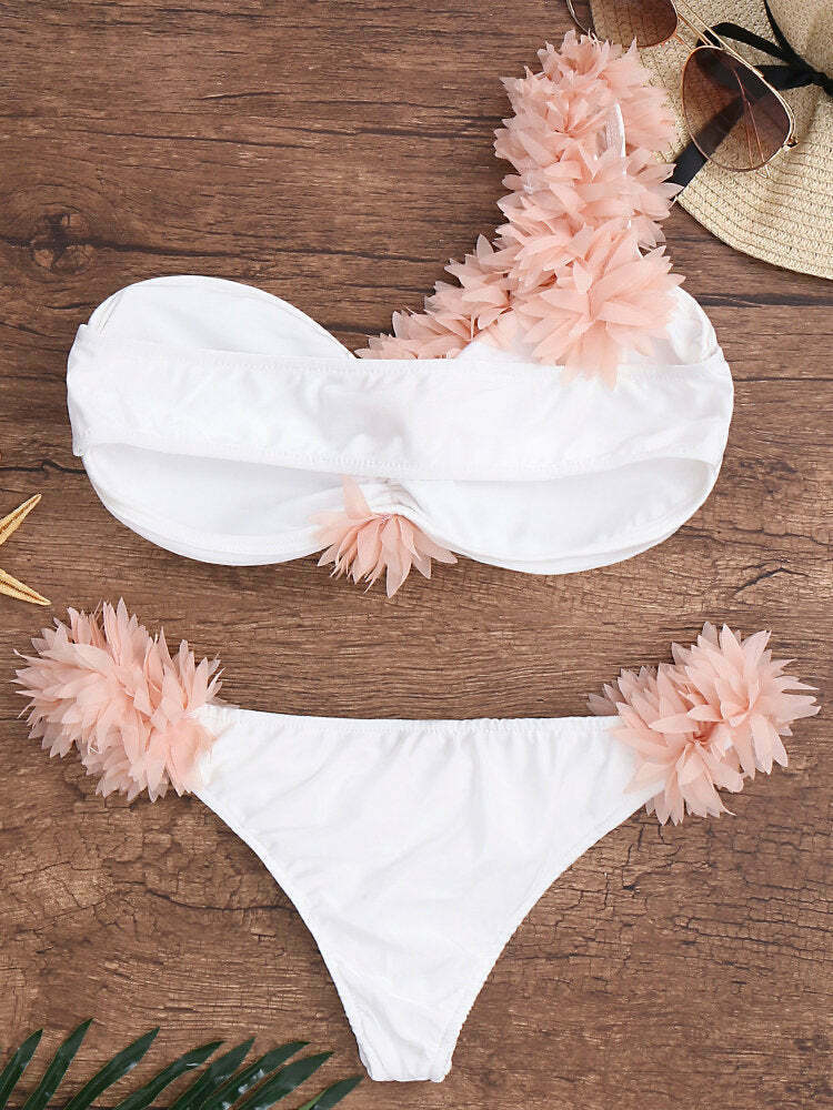 Y2K Aesthetic White Flower Tankini with Single Shoulder and Backless Design Y2K Aesthetic White Flower Tankini with Single Shoulder and Backless Design