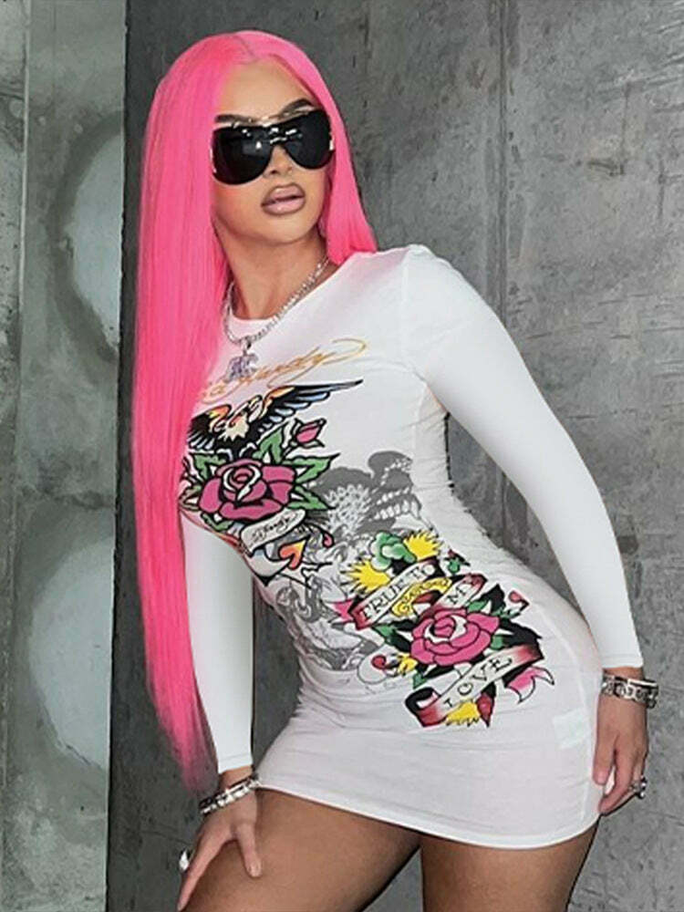 Y2K Aesthetic White Printed Dress - Coquette & Grunge Style Urban Fashion for Women