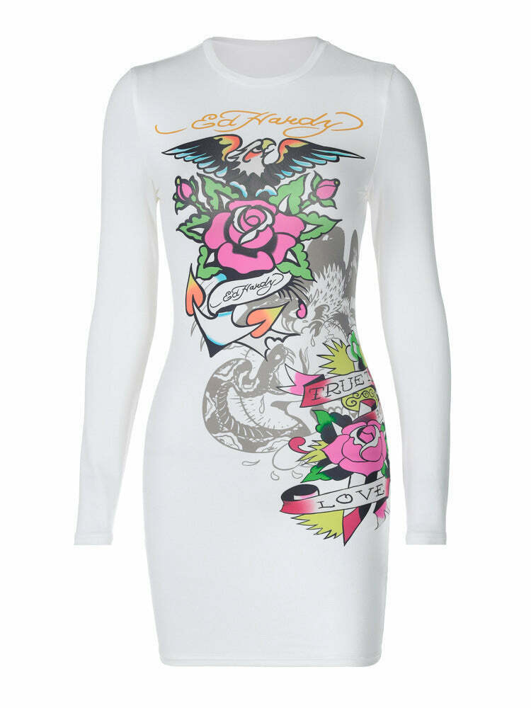 Y2K Aesthetic White Printed Dress - Coquette & Grunge Style Urban Fashion for Women