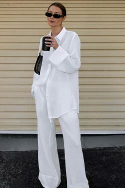 Y2K Aesthetic White Pure Cotton Trousers Suit for Women - Coquette & Grunge Style Cargo Skirt Outfit