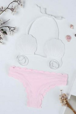 Y2K Aesthetic White Shell Wave Halter String Backless Bikini Swimsuit