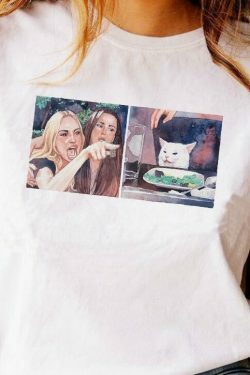 Y2K Aesthetic Woman Yelling At Cat Tee - Coquette Grunge Style Top for Fashionable Women
