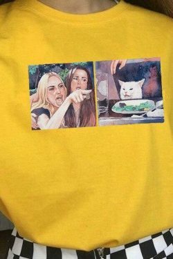Y2K Aesthetic Woman Yelling At Cat Tee - Coquette Grunge Style Top for Fashionable Women