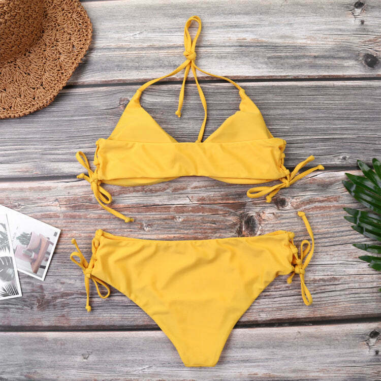 Y2K Aesthetic Yellow Ribbed String Bikini Set - Coquette Style for Women - Grunge Fashion Y2K Aesthetic Yellow Ribbed String Bikini Set - Coquette Style for Women - Grunge Fashion