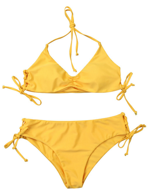 Y2K Aesthetic Yellow Ribbed String Bikini Set - Coquette Style for Women - Grunge Fashion Y2K Aesthetic Yellow Ribbed String Bikini Set - Coquette Style for Women - Grunge Fashion