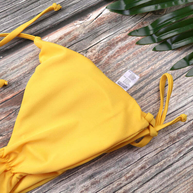 Y2K Aesthetic Yellow Ribbed String Bikini Set - Coquette Style for Women - Grunge Fashion Y2K Aesthetic Yellow Ribbed String Bikini Set - Coquette Style for Women - Grunge Fashion