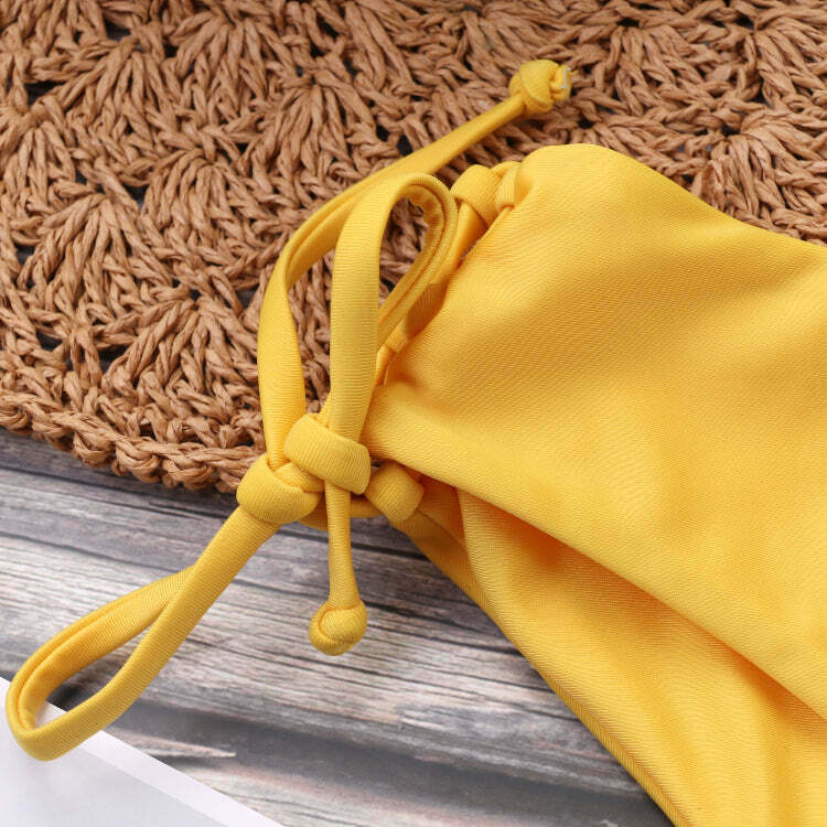 Y2K Aesthetic Yellow Ribbed String Bikini Set - Coquette Style for Women - Grunge Fashion Y2K Aesthetic Yellow Ribbed String Bikini Set - Coquette Style for Women - Grunge Fashion