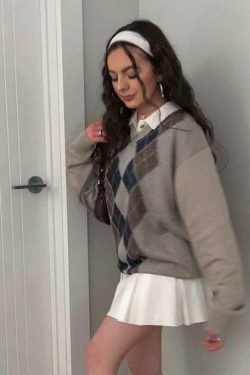 Y2K Argyle Sweater - Coquette Aesthetic Grunge Style for Women - Cute Pastel Goth Fashion