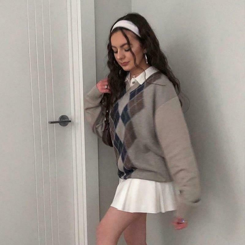 Y2K Argyle Sweater - Coquette Aesthetic Grunge Style for Women - Cute Pastel Goth Fashion Y2K Argyle Sweater - Coquette Aesthetic Grunge Style for Women - Cute Pastel Goth Fashion
