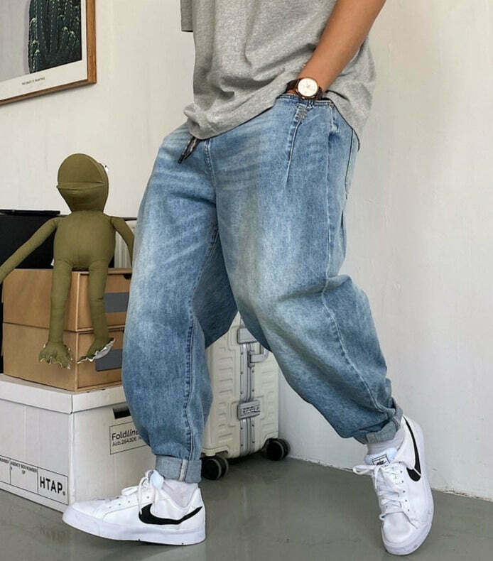 Y2K Balloon Fit Tapered Jeans: Coquette Aesthetic Grunge Style Cargo Skirt Fashion