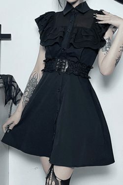 Y2K Black Ruffle Polo Neck Mini Dress - Coquette Aesthetic Grunge Style Women's Fashion
