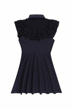 Y2K Black Ruffle Polo Neck Mini Dress - Coquette Aesthetic Grunge Style Women's Fashion