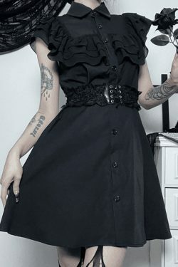 Y2K Black Ruffle Polo Neck Mini Dress - Coquette Aesthetic Grunge Style Women's Fashion