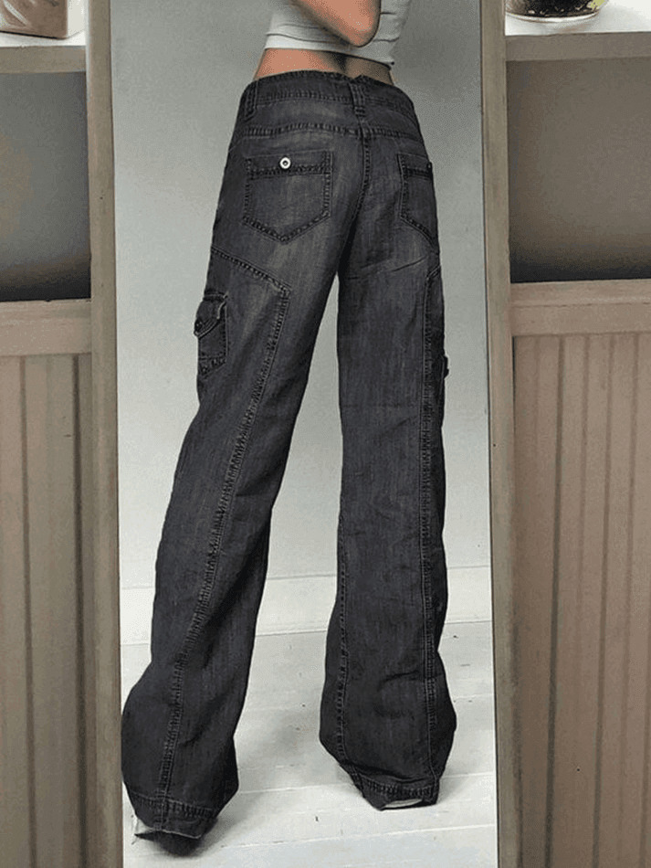Y2K Bleached Pocket Cargo Jeans - Coquette Aesthetic Grunge Style for Women - Vintage 90s Fashion