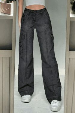 Y2K Bleached Pocket Cargo Jeans - Coquette Aesthetic Grunge Style for Women - Vintage 90s Fashion