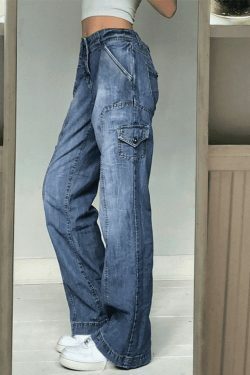 Y2K Bleached Pocket Cargo Jeans - Coquette Aesthetic Grunge Style for Women - Vintage 90s Fashion