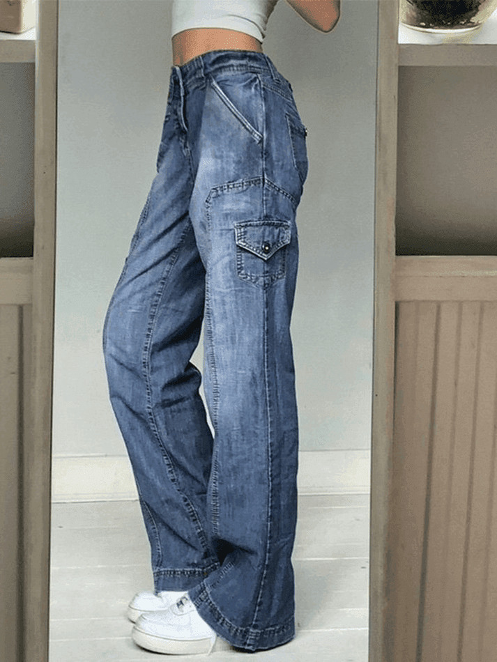 Y2K Bleached Pocket Cargo Jeans - Coquette Aesthetic Grunge Style for Women - Vintage 90s Fashion