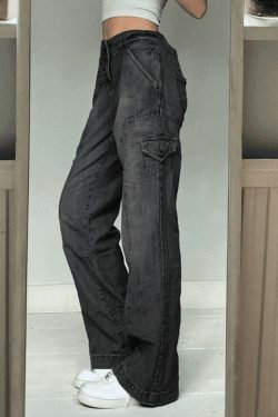 Y2K Bleached Pocket Cargo Jeans - Coquette Aesthetic Grunge Style for Women - Vintage 90s Fashion