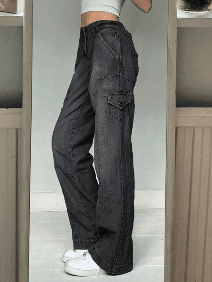 Y2K Bleached Pocket Cargo Jeans - Coquette Aesthetic Grunge Style for Women - Vintage 90s Fashion