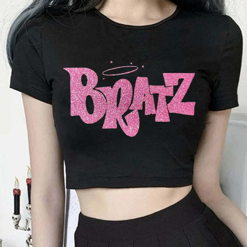 Y2K Bratz Black Crop Top: Coquette Aesthetic Grunge Style for Women - Cute Pastel Goth Fashion Y2K Bratz Black Crop Top: Coquette Aesthetic Grunge Style for Women - Cute Pastel Goth Fashion